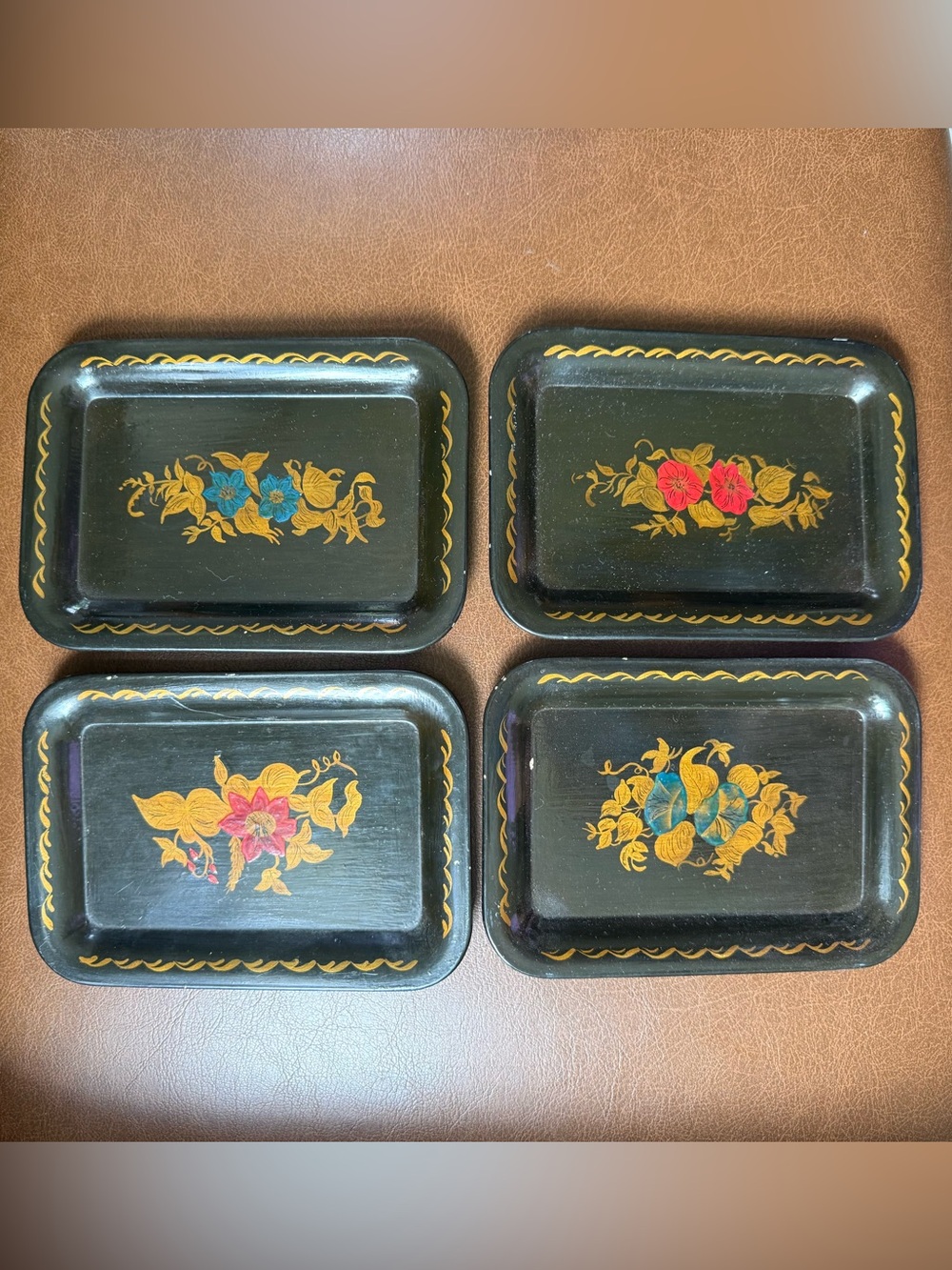 VTG MCM Hand-Painted Toleware Black Gold Floral Metal Trays SET OF 4 Signed 1947